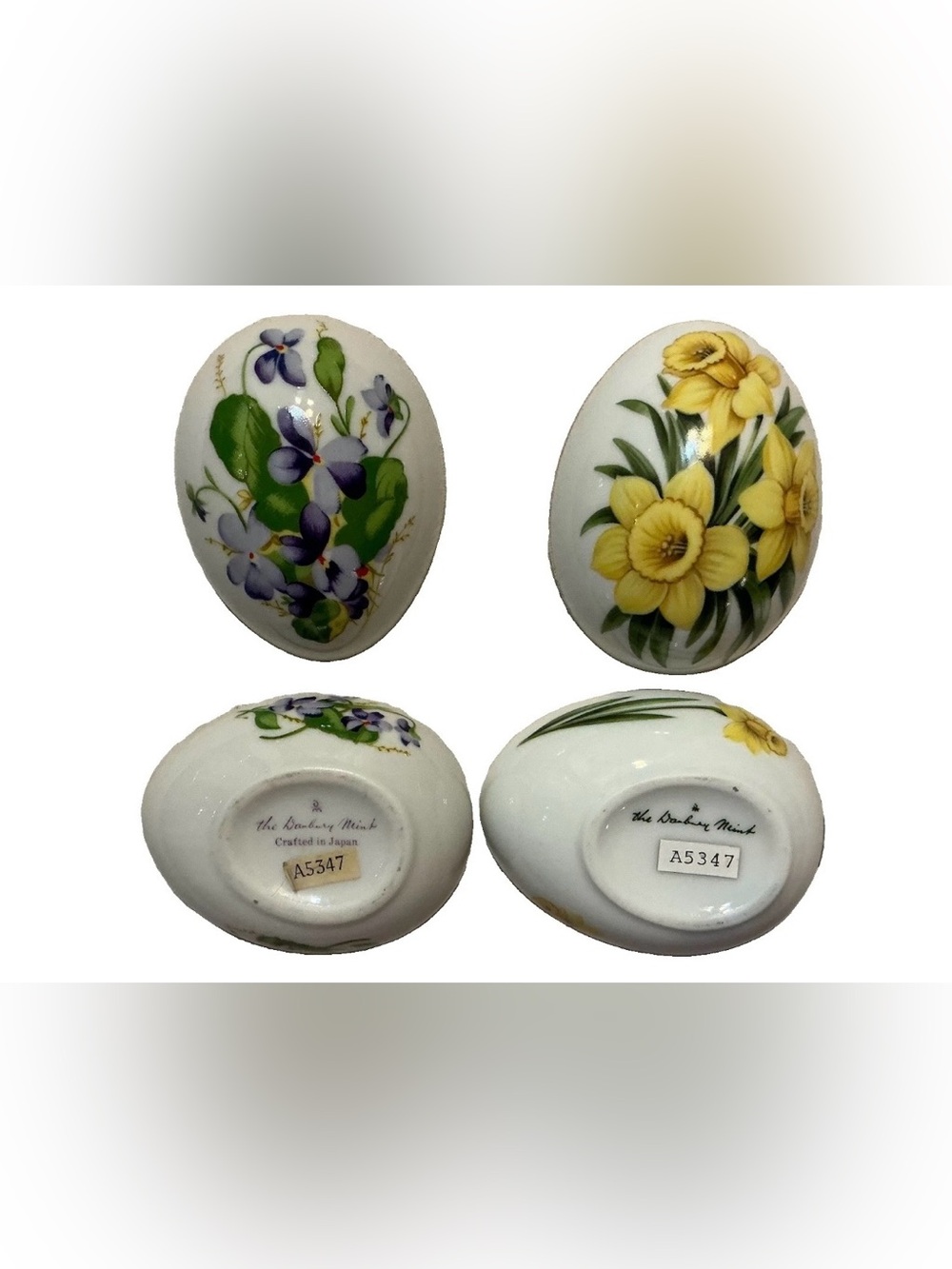 Vintage Danbury Mint Porcelain Egg Trinket Boxes Violets & Daffodils Set of 2
